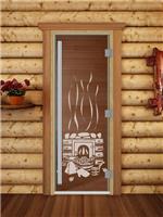 Дверь для сауны DoorWood (Дорвуд) 60x190 Престиж (с рисунком) Банька правая (бронза)