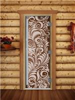 Дверь для сауны DoorWood (Дорвуд) 70x170 Престиж (с рисунком) Хохлома левая (бронза)