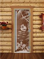 Дверь для сауны DoorWood (Дорвуд) 60x190 Престиж (с рисунком) Голубая лагуна правая (бронза)