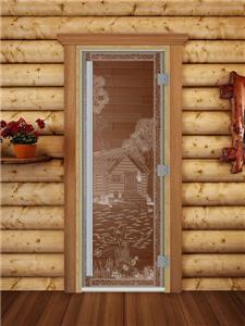 Дверь для сауны DoorWood (Дорвуд) 70x200 Престиж (с рисунком) Банька в лесу левая (бронза)
