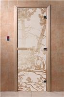 Дверь для сауны DoorWood (Дорвуд) 80x200 Основная серия Мишки в лесу (сатин) правая