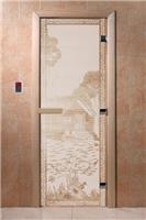 Дверь для сауны DoorWood (Дорвуд) 70x200 Основная серия Банька в лесу (сатин) правая