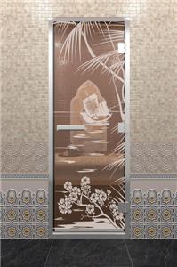 Дверь для турецкой бани DoorWood (Дорвуд) 70x190 Алюминиевый профиль Сатин с рис. Голубая лагуна правая