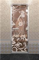 Дверь для турецкой бани DoorWood (Дорвуд) 80x190 Алюминиевый профиль Сатин с рис. Девушка в цветах правая