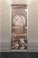 Дверь для турецкой бани DoorWood (Дорвуд) 80x190 Алюминиевый профиль Сатин с рис. Лебединое озеро правая