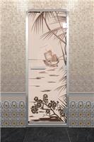 Дверь для турецкой бани DoorWood (Дорвуд) 80x200 Алюминиевый профиль Бронза матовое с рис. Голубая лагуна правая