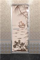 Дверь для турецкой бани DoorWood (Дорвуд) 90x200 Алюминиевый профиль Бронза матовое с рис. Голубая лагуна правая