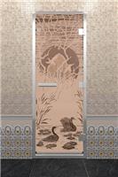 Дверь для турецкой бани DoorWood (Дорвуд) 90x200 Алюминиевый профиль Бронза матовое с рис. Лебединое озеро правая