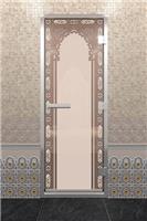 Дверь для турецкой бани DoorWood (Дорвуд) 70x190 Алюминиевый профиль Бронза матовое с рис. Восточная арка левая