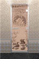 Дверь для турецкой бани DoorWood (Дорвуд) 70x200 Алюминиевый профиль Бронза матовое с рис. Лебединое озеро левая