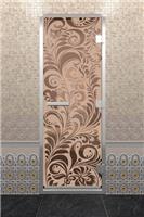 Дверь для турецкой бани DoorWood (Дорвуд) 70x200 Алюминиевый профиль Бронза матовое с рис. Хохлома левая