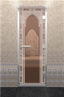 Дверь для турецкой бани DoorWood (Дорвуд) 70x190 Алюминиевый профиль Бронза с рис. Восточная арка левая