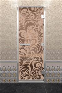 Дверь для турецкой бани DoorWood (Дорвуд) 70x190 Алюминиевый профиль Бронза матовое с рис. Хохлома правая