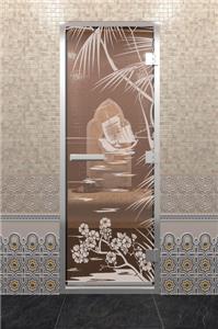 Дверь для турецкой бани DoorWood (Дорвуд) 70x200 Алюминиевый профиль Бронза с рис. Голубая лагуна правая