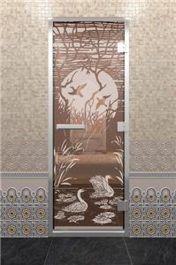 Дверь для турецкой бани DoorWood (Дорвуд) 80x190 Алюминиевый профиль Бронза с рис. Лебединое озеро правая