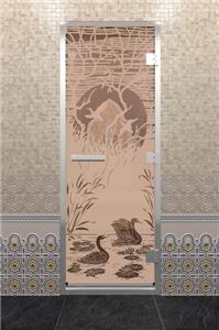 Дверь для турецкой бани DoorWood (Дорвуд) 80x200 Алюминиевый профиль Бронза матовое с рис. Лебединое озеро правая