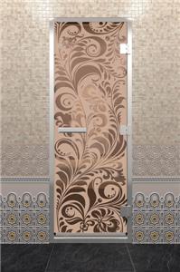 Дверь для турецкой бани DoorWood (Дорвуд) 80x200 Алюминиевый профиль Бронза матовое с рис. Хохлома левая