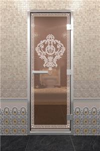 Дверь для турецкой бани DoorWood (Дорвуд) 80x190 Алюминиевый профиль Бронза с рис. Версаче левая