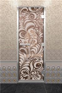 Дверь для турецкой бани DoorWood (Дорвуд) 80x190 Алюминиевый профиль Бронза с рис. Хохлома левая