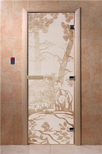 Дверь для сауны DoorWood (Дорвуд) 80x200 Основная серия Мишки в лесу (сатин) левая