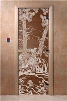 Дверь для сауны DoorWood (Дорвуд) 90x210 Основная серия Мишки в лесу (бронза), правая