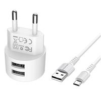 Адаптер Сетевой с кабелем Borofone BA23A Brilliant 2USB 2,4A/10W (USB/Micro USB) (white) 124272