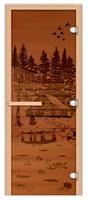Дверь для сауны FireWay 70х190 Банька в лесу бронза матовая 8 мм, с порогом