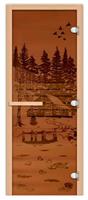 Дверь для сауны FireWay 70х190 Банька в лесу бронза матовая 8 мм, с порогом, лев.