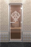 Дверь для турецкой бани DoorWood (Дорвуд) 90x210 Алюминиевый профиль Сатин с рис. Версаче левая