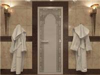 Дверь для турецкой бани DoorWood (Дорвуд) 70x200 Алюминиевый профиль Сатин с рис. Восточная арка левая