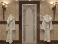 Дверь для турецкой бани DoorWood (Дорвуд) 80x200 Алюминиевый профиль Сатин с рис. Восточная арка левая