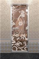 Дверь для турецкой бани DoorWood (Дорвуд) 90x200 Алюминиевый профиль Сатин с рис. Девушка в цветах левая