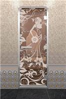 Дверь для турецкой бани DoorWood (Дорвуд) 90x210 Алюминиевый профиль Сатин с рис. Девушка в цветах левая