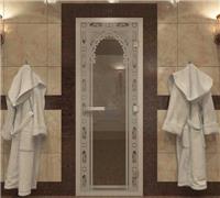 Дверь для турецкой бани DoorWood (Дорвуд) 70x200 Алюминиевый профиль Прозрачное с рисунком Восточная арка, левая