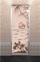 Дверь для турецкой бани DoorWood (Дорвуд) 80x200 Алюминиевый профиль Прозрачное с рисунком Голубая лагуна, правая