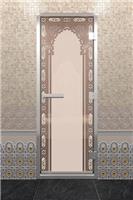 Дверь для турецкой бани DoorWood (Дорвуд) 60x200 Алюминиевый профиль Бронза матовая с рисунком Восточная арка, правая