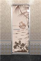 Дверь для турецкой бани DoorWood (Дорвуд) 60x200 Алюминиевый профиль Бронза матовая с рисунком Голубая лагуна, левая