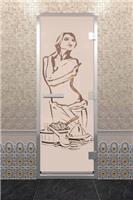 Дверь для турецкой бани DoorWood (Дорвуд) 60x200 Алюминиевый профиль Бронза матовая с рисунком Искушение, правая