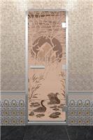 Дверь для турецкой бани DoorWood (Дорвуд) 60x200 Алюминиевый профиль Бронза матовая с рисунком Лебединое озеро, правая