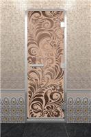 Дверь для турецкой бани DoorWood (Дорвуд) 60x200 Алюминиевый профиль Бронза матовая с рисунком Хохлома, левая