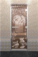 Дверь для турецкой бани DoorWood (Дорвуд) 60x200 Алюминиевый профиль Бронза с рисунком Лебединое озеро, правая