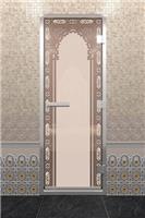 Дверь для турецкой бани DoorWood (Дорвуд) 70x210 Алюминиевый профиль Бронза матовая с рисунком Восточная арка, левая