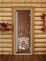 Дверь для сауны DoorWood (Дорвуд) 70x170 Престиж (с рисунком) Банька левая (бронза матовая)