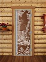 Дверь для сауны DoorWood (Дорвуд) 70x190 Престиж (с рисунком) Мишки левая (бронза матовая)