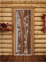 Дверь для сауны DoorWood (Дорвуд) 80x200 Престиж (с рисунком) Весна цветы правая (сатин)