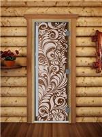 Дверь для сауны DoorWood (Дорвуд) 80x200 Престиж (с рисунком) Хохлома правая (сатин)