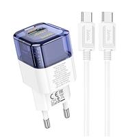 Адаптер Сетевой с кабелем Hoco C131a PD USB/Type-C 30W (Type-C/Type-C) (transparent blue) 222419