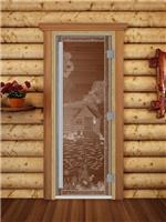 Дверь для сауны DoorWood (Дорвуд) 80x190 Престиж (с рисунком) Банька в лесу левая (бронза матовая)
