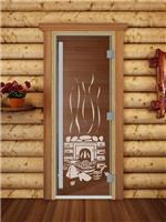 Дверь для сауны DoorWood (Дорвуд) 80x190 Престиж (с рисунком) Банька правая (бронза матовая)