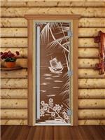 Дверь для сауны DoorWood (Дорвуд) 80x190 Престиж (с рисунком) Голубая лагуна правая (бронза матовая)